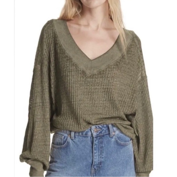Free People We The Free South Side Thermal Top Olive Moss Green Double V Neck - Picture 1 of 4